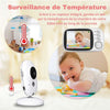 Babyphone vidéo avec fonction de surveillance de la température affichée, montrant la caméra de l'appareil et l'écran qui indique la température de la chambre du bébé avec un capteur intégré, tandis qu'un bébé souriant joue sur le sol.