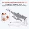 Illustration d'une balancelle bébé électrique grise à inclinaison ergonomique de 25 degrés, avec un zoom sur la courbe du dossier pour le soutien de la colonne vertébrale d'un enfant, et une image incrustée montrant une femme tenant un nourrisson