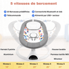 Balancelle bébé électrique moderne avec 5 vitesses de balancement et fonctionnalités telles que 10 berceuses prédéfinies, connectivité Bluetooth et USB, télécommande, et alimentation par USB ou secteur. Dispose d'un harnais à 5 points, cadre en aluminium, housse lavable, panneau tactile IMD, et un minuteur, présentée en vue de dessus